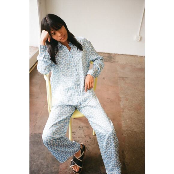 Lisa Says Gah Bailey Button Down Shirt & Wide Leg Pants Sleepwear Set Blue XS - Picture 2 of 8